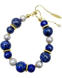 Farra - nugget Blue Lapis With Gray Freshwater Pearls Adjustable Bracelet - Lyst