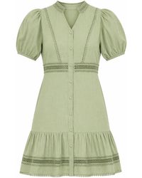 knee length dresses for ladies Yumi Green Bird and Floral Print Ruched Waist Kimono Midi Dress main image 1