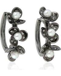 Artisan - Natural Pearl Flower Hoop Earrings 18k Gold Diamond Jewelry - Lyst