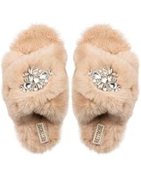 Rettrose - Neutrals Audrey Mink Luxury Plush Diamanté Embellished Handmade Slipper - Lyst