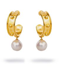 Ebru Jewelry - Pearl Drop Gold Hoop Earrings - Lyst