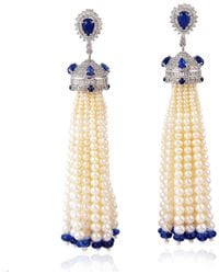 Artisan - Diamond 18k Gold 925 Sterling Silver Sapphire Beaded Tassel Earrings Pearl - Lyst