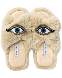 Yomisma - Neutrals Eco Faux Fur Slippers – Recycled Faux Fur + Evil Eye Embellishment - Lyst
