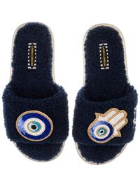 Laines London - Teddy Towelling Slipper Sliders With Evil Eye & Hamsa Hand Brooches - Lyst