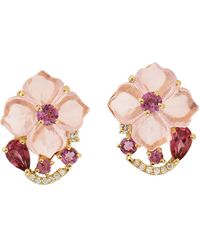 Artisan - Carved Mix Stone & Rhodolite With Diamond In 18k Gold Precious Flower Stud Earrings - Lyst
