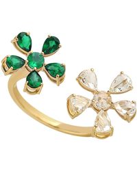 Artisan - 18k Yellow Gold In Rose Cut Diamond & Emerald Between The Finger Flower Ring - Lyst