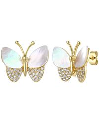 Genevive Jewelry - Sterling Silver Large Gold Plated With Mother Of Pearl & Cubic Zirconia Butterfly Stud Earrings - Lyst