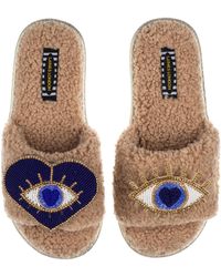 Laines London - Teddy Towelling Slipper Sliders With Double Blue Eye Brooches - Lyst