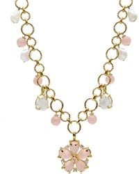 Farra - Rose Quartz Flower Pendant With Pearls Chain Necklace - Lyst