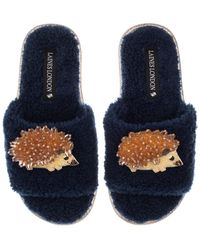 Laines London - Teddy Toweling Slipper Sliders With Double Hedgehog Brooches - Lyst