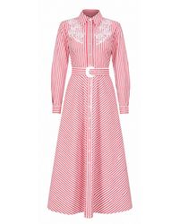 Exquise - Embroidered Collared Midi Dress With Belt & Long Sleeves - Lyst