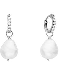Lily & Roo - Small Sterling Diamond Huggie Pearl Drop Earrings - Lyst