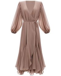 KÂfemme - Coffee Chiffon Layered Boho Long Sleeve Midi Dress - Lyst