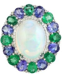 Artisan - 18k White Gold In Oval Cut Ethiopian Opal With Tanzanite & Emerald Pave Diamond Cocktail Designer Ring - Lyst