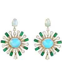 Artisan - 18k Gold In Diamond Pave Ethiopian Opal & White Sapphire With Emerald Dangle Earrings - Lyst