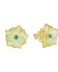 Artisan - Yellow Gold Natural Emerald Carving Quartz Flower Stud Earrings Jewelry - Lyst
