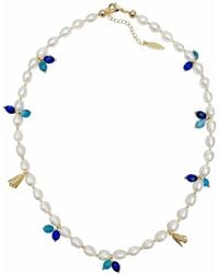 Farra - Freshwater Pearls With Blue Gemstone And Flower Charms Necklace - Lyst