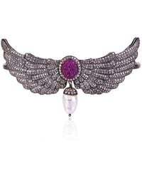 Artisan - 18k Gold 925 Silver With Carved Ruby & Pearl Pave Diamond Angel Wing Palm Bracelet - Lyst
