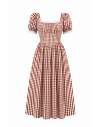 Echo of Pink - Solene Gingham Hand Block Print Cotton Midi Dress - Lyst