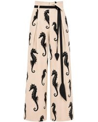 Julia Allert - Neutrals Ivory Seahorse Print Wide Leg Trousers With Belt – Capsule Edition - Lyst