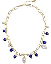 Farra - Chain With Baroque Pearls And Lapis Charms Necklace - Lyst