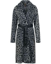 Conquista - Animal Print Wool Blend Long Coat With Faux Leather Belt - Lyst