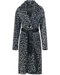 Conquista - Animal Print Wool Blend Long Coat With Faux Leather Belt - Lyst