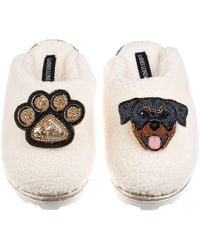 Laines London - Neutrals Teddy Closed Toe Slippers With Paw & Rottweiler Brooches - Lyst
