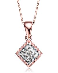 Genevive Jewelry - Cz Rose Plated Sterling Silver Square Shape Stud Style Pendant - Lyst