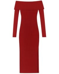 Yumi' - Burgundy Bardot Knitted Fitted Midi Dress - Lyst