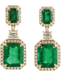 Artisan - Baguette Emerald & Pave Diamond In 18k Gold Fancy Handmade Dangle Earrings - Lyst