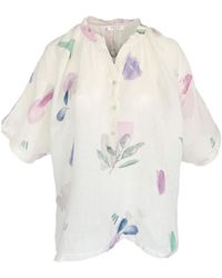 Haris Cotton - Printed Linen Gauze Button Front Blouse With Balloon Sleeves Tree - Lyst