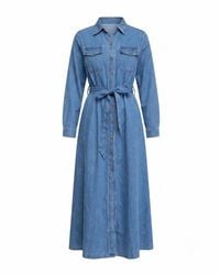 Tantra Spain Sl - Midi Shirt Dress With Chest Pockets, Flared Skirt, And Belt Light Denim - Lyst