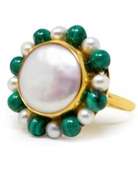 Vintouch Italy - Lotus Gold-plated Pearl And Malachite Ring - Lyst