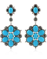 Artisan - Oval Cut Turquoise & Spinel With White Sapphire Pave Diamond In 18k Gold 925 Silver Western Dangle Earrings - Lyst