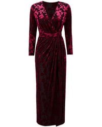 Yumi' - Burgundy Velour Stretch Midi Dress With Long Sleeves - Lyst