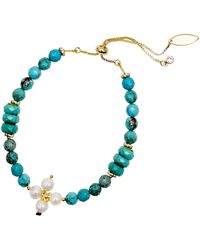 Farra - Turquoise With Flower Pearls Adjustable Bracelet - Lyst