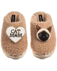 Laines London - Neutrals Teddy Closed Toe Slippers With Cat Mum Mom & Siamese Cat Brooches - Lyst
