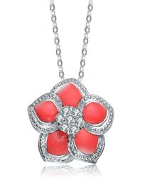 Genevive Jewelry - Sterling Silver White Cubic Zirconia Red Flower Pendant - Lyst