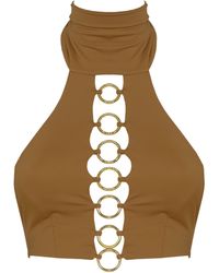 ANTONINIAS - Panama Halterneck Tie Fastening Bikini Top With Golden Details - Lyst