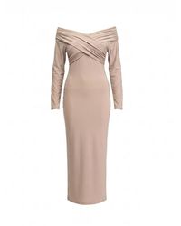 Tantra Spain Sl - Neutrals Long Fitted Dress With Long Sleeves, V-Neck And Draped Detail On The Chest - Lyst