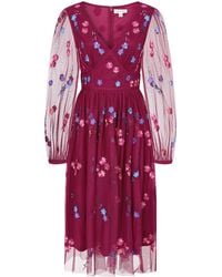 Chi chi london embroidered midi dress with sheer clearance overlay in pink