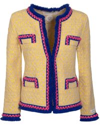 The Extreme Collection - Merino Wool And Alpaca Yellow Tweed Jacket With Pink And Blue Detail Mafalda - Lyst