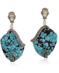 Artisan - Carved Turquoise Gemstone & Diamond Dangle Earrings With 18k Gold In 925 Sterling Silver - Lyst