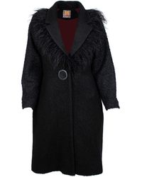 Lalipop Design - Black Felt Coat With Notched Lapel Collar With Faux Feathers - Lyst