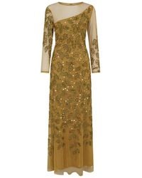 Raishma - Sally A Long Sleeve Floor-length Gown With An Asymmetrical Sheer Neckline, Tonal Beading & Full Length Sleeves Gown - Lyst