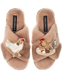 Laines London - Neutrals Classic Laines Slippers With Chicken & Hen On Nest Brooches - Lyst