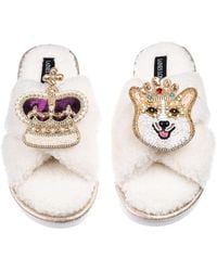 Laines London - Neutrals Laines Neutral Boucle Slippers With Corgi & Crown Brooches - Lyst