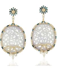 Artisan - Yellow Gold Carving Jade Diamond Sapphire Designer Dangle Earrings Handmade Jewelry - Lyst