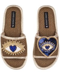 Laines London - Straw Braided Sandals With Double Heart & Love Eye Brooches - Lyst